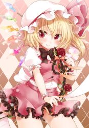  blonde_hair blush bow bowtie commentary_request female flandre_scarlet flower hat hat_ribbon laevatein_(touhou) lolicon oerba_yun_fang photoshop_(medium) red_eyes red_flower red_rose ribbon rose shirt side_ponytail skirt skirt_set smile solo touhou vest wings wrist_cuffs yukiu_con 