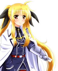  armored_gloves belt blonde_hair blush card cloak commentary_request diesel-turbo fate_testarossa fate_testarossa_(impulse_form) female gauntlets long_hair lyrical_nanoha mahou_shoujo_lyrical_nanoha_strikers recursion red_eyes smile solo thighhighs twintails uniform 