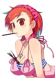  bad_id bad_pixiv_id bare_shoulders between_breasts blush breasts cleavage devil_survivor female food jewelry kusanagi_tonbo large_breasts looking_at_viewer mouth_hold necklace pocky red_eyes red_hair solo strap_gap yuzu_tanigawa 