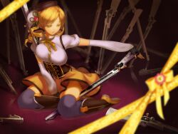  artist_request beret blonde_hair blurry boots breasts brown_legwear corset depth_of_field detached_sleeves drill_hair female fingerless_gloves gloves gun hair_ornament hairpin hat large_breasts looking_down magical_girl magical_musket mahou_shoujo_madoka_magica outstretched_arm perspective pleated_skirt puffy_sleeves ribbon rifle shirt short_hair sitting skirt solo striped striped_legwear taut_clothes taut_shirt thighhighs tomoe_mami twin_drills twintails unaligned_breasts vertical-striped_legwear vertical_stripes wallpaper weapon yellow_eyes yudohu zettai_ryouiki 