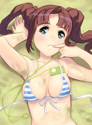  armpits bad_id bad_pixiv_id bikini blue_eyes breasts brown_hair cleavage digital_media_player earbuds earphones female front-tie_top idolmaster idolmaster_(classic) ipod ipod_nano kouno_(masao) large_breasts lying medium_breasts object_in_clothes object_in_swimsuit on_back open_mouth photoshop_(medium) sand shiny_skin solo swimsuit takatsuki_yayoi twintails upper_body 