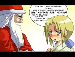  beard blonde_hair blush christmas christmas_cake facial_hair green_eyes hard_translated kuroi_nanako lucky_star oerba_yun_fang santa santa_claus santa_costume translated 