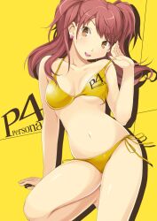  :o bad_id bad_pixiv_id bikini breasts brown_eyes brown_hair cleavage female itoichi. kujikawa_rise long_hair medium_breasts navel persona persona_4 shiny_skin side-tie_bikini_bottom solo strap_pull string_bikini swimsuit twintails yellow_bikini 