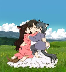  1boy 2girls affectionate ame_(ookami_kodomo) animal_ears barefoot brown_hair cloud commentary_request day dress family grass grey_hair group_hug hana_(ookami_kodomo) hug lolicon long_hair mako_(macomaco7) mother_and_daughter mother_and_son motherly mountain multiple_girls oerba_yun_fang one_eye_closed ookami_kodomo_no_ame_to_yuki open_mouth outdoors short_hair sky smile tail wolf_ears wolf_tail yuki_(ookami_kodomo) 