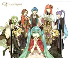  3boys 5girls alternate_costume bad_end_night_(vocaloid) dress everyone exit_tunes formal goth_fashion gradient_hair green_hair gumi hair_ornament hair_ribbon hairclip hat hatsune_miku hidari_(left_side) japanese_clothes kagamine_len kagamine_rin kaito_(vocaloid) kamui_gakupo kimono maid megurine_luka meiko_(vocaloid) multicolored_hair multiple_boys multiple_girls nail_polish non-web_source one_eye_closed ribbon sitting suit top_hat twintails vocaloid 