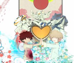  2boys bad_id bad_pixiv_id bags_under_eyes blood blood_on_clothes brown_hair closed_eyes flower heart male_focus mecha mononoke_(empty) monster multiple_boys open_mouth original palms_together red_eyes robot teeth 