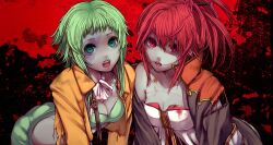  2girls blood blood_on_body blood_on_clothes breasts cleavage colored_skin cul fangs green_eyes green_hair grey_skin gumi gumi_(v3_megpoid) jacket long_hair medium_breasts messy_hair multiple_girls open_mouth ponytail red_eyes red_hair short_hair small_breasts stitches torn torn_clothes uprightleftdownchuchuchu vocaloid zombie zombification 