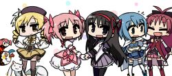  5girls akemi_homura akemi_homura_(magical_girl) beret black_hair blonde_hair blue_eyes blue_hair bow cape chan_co charlotte_(madoka_magica) chibi closed_eyes commentary_request drill_hair flying_sweatdrops hair_ribbon hairbow hat holding_hands kaname_madoka kaname_madoka_(magical_girl) kyuubee locked_arms long_hair magical_girl mahou_shoujo_madoka_magica mahou_shoujo_madoka_magica_(anime) miki_sayaka miki_sayaka_(magical_girl) multiple_girls oerba_yun_fang open_mouth pantyhose pink_hair pleated_skirt purple_eyes red_eyes red_hair ribbon sakura_kyoko sakura_kyoko_(magical_girl) short_hair short_twintails skirt smile standing thighhighs tomoe_mami tomoe_mami_(magical_girl) twin_drills twintails white_cape yellow_eyes 