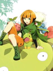  bad_id bad_pixiv_id boots capelet carnivine cherubi crop_top cropped_shirt female gardenia_(pokemon) green_capelet green_eyes green_footwear hirococo leaf midriff nature open_mouth orange_hair photoshop_(medium) pokemon pokemon_(creature) pokemon_dppt roserade shorts sitting smile turtwig 