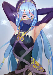  armpit_focus armpits arms_behind_head azura_(fire_emblem) azura_(performing_arts)_(fire_emblem) black_dress black_panties black_sleeves blue_hair blush breasts closed_mouth clothing_cutout commentary_request detached_collar detached_sleeves dress female fire_emblem fire_emblem_fates gold_trim hair_between_eyes hair_tubes headdress highres long_hair looking_at_viewer medium_breasts mouth_veil official_alternate_costume panties partial_commentary solo sweat underwear user_whku4538 veil very_long_hair yellow_eyes 