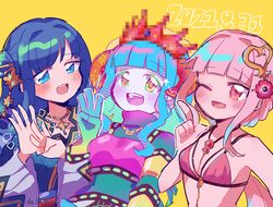  3girls :d ;) aqua_hair aqua_shirt armor artist_name bare_arms bikini blue_eyes blue_gloves blue_hair blue_kimono blunt_bangs blush braid breastplate censored colored_eyelashes colored_skin commentary crown dated finger_counting flower futaba_sana gloves gradient_gloves gradient_hair gradient_shirt green_gloves hair_down hair_flower hair_intakes hair_ornament highres horns japanese_clothes jewelry kimono long_hair long_sleeves looking_at_viewer low_ponytail magia_record:_mahou_shoujo_madoka_magica_gaiden magical_girl mahou_shoujo_madoka_magica mosaic_censoring multi-strapped_bikini_bottom multi-strapped_bikini_top multicolored_hair multiple_girls nanami_yachiyo nanami_yachiyo_(tanabata_ver.) necklace neon_palette no_nose octagram official_alternate_costume one_eye_closed open_mouth orange_horns pink_armor pink_bikini pink_flower pink_gemstone pink_shirt pixel_crown pointless_censoring scanline_hair sheep_horns shirt side_braid sidelocks signature simple_background smile soul_gem star_(symbol) string_bikini swept_bangs swimsuit takenoko_mgrc tamaki_iroha tamaki_iroha_(swimsuit_ver.) teeth turtleneck upper_body upper_teeth_only uwasa_no_sana wavy_hair white_skin yellow_background yellow_eyes yellow_gloves 