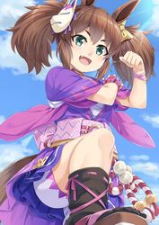  :d animal_ears black_socks blue_sky blush bow bras_d&#039;honneur brown_footwear brown_hair cloud commentary_request day female fox_mask green_eyes hair_between_eyes hairbow horse_ears horse_girl horse_tail inari_one_(umamusume) japanese_clothes kimono mask mask_on_head miri_(ago550421) obi oerba_yun_fang outdoors purple_kimono ribbon-trimmed_legwear ribbon_trim sarashi sash short_shorts short_sleeves shorts shorts_under_skirt sky smile socks solo tail tasuki thick_eyebrows twintails umamusume white_shorts wrist_cuffs yellow_bow 