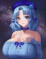  animal_ears aran_sweater arm_at_side bare_shoulders blue_choker blue_eyes blue_hair blue_ribbon blue_sweater breasts cable_knit choker closed_mouth collarbone commentary commission cow_ears cow_girl cow_horns detached_sleeves earrings english_commentary eyelashes female hair_ornament hand_on_own_chest hat highres horns huge_breasts indie_virtual_youtuber jewelry long_sleeves looking_at_viewer medium_hair miilkywayz mole mole_under_eye nhaliz night night_sky parted_lips planet_hair_ornament pom_pom_(clothes) ribbed_sweater ribbon second-party_source short_eyebrows sky solo star_(sky) star_(symbol) star_earrings starry_sky sweater upper_body virtual_youtuber 