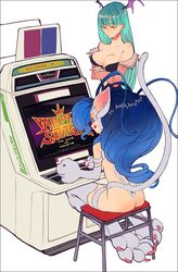  2girls animal_hands aqua_hair arcade_cabinet ass astro_city black_border blue_eyes blue_hair border breasts cat_tail cleavage commentary felicia_(vampire) head_wings kazeto long_hair meta morrigan_aensland multiple_girls playing_games simple_background tail tail_raised tongue tongue_out unamused vampire_(game) vampire_savior:_the_lord_of_vampire white_background wings yellow_eyes 