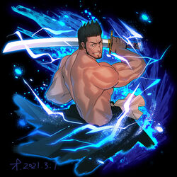  1boy bara beard black_kimono bleach cropped_legs dated engetsu_(shikai) facial_hair hakama hakama_pants holding holding_sword holding_weapon japanese_clothes kimono kurosaki_isshin lightning looking_at_viewer lrpanda00 male_focus mature_male muscular muscular_male open_clothes open_kimono pants pectorals short_hair smirk solo spiked_hair sword topless_male weapon zanpakutou 