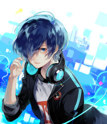  1boy arm_up bangs black_jacket blazer blue_eyes blue_hair gekkoukan_high_school_uniform glowing glowing_hair hair_over_one_eye hand_up happy headphones headphones_around_neck headphones_removed jacket light_smile long_bangs lor_(roasyerizyonirapi) male_focus multicolored multicolored_background persona persona_3 persona_3:_dancing_moon_night school_uniform shapes shirt simple_background sleeves_past_elbows sleeves_rolled_up smile solo_focus t-shirt white_shirt yuuki_makoto 