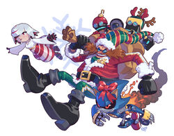  absurdres alternate_costume antlers boots bow cubot dr._eggman dress evan_stanley facial_hair fake_antlers father_and_daughter flying glasses highres holding holding_sack horns metal_sonic moustache orbot red_bow red_eyes reindeer_antlers robot sack sage_(sonic) santa_costume simple_background smile sonic_(series) 