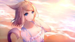  animal_ears bad_id bad_pixiv_id beach bikini bikini_top_only blue_eyes braid breasts cat_ears cat_tail cleavage collarbone crown_braid facial_mark female final_fantasy final_fantasy_xiv hand_in_own_hair light_brown_hair looking_at_viewer medium_breasts miqo&#039;te mochimochi_dando ocean outdoors ribbon_trim sand solo sunset swimsuit tail upper_body warrior_of_light_(ff14) water 