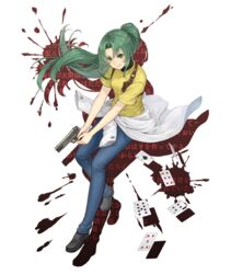  ace_(playing_card) ace_of_spades card clothes_around_waist crossover denim drop_shadow female five_of_hearts four_of_clubs full_body green_eyes green_hair grin gun handgun higurashi_no_naku_koro_ni holster jeans ji_no long_hair looking_at_viewer nine_of_spades official_art pants playing_card ponytail shirt shirt_around_waist sinoalice six_of_hearts smile solo sonozaki_mion spade_(shape) t-shirt transparent_background weapon 