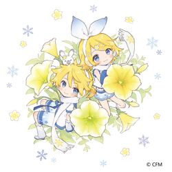  1boy 1other animal_on_head arm_warmers bare_shoulders blonde_hair blue_eyes blue_shorts bow chibi commentary crypton_future_media female flower frilled_shirt frills from_above hair_flower hair_ornament hairbow hairclip headphones horiizumi_inko kagamine_len kagamine_rin leg_warmers looking_at_viewer looking_to_the_side matching_outfits mini_person miniboy minigirl official_art on_head petunia_(flower) rabbit rabbit_yukine scarf shirt short_hair short_ponytail short_shorts short_sleeves shorts sitting sleeveless sleeveless_shirt smile snowflake_print snowflakes spiked_hair standing vocaloid white_background white_bow white_footwear white_legwear white_scarf white_shirt white_sleeves yellow_flower yuki_len yuki_rin 