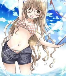  arm_up bikini blue_sky breasts brown-framed_eyewear brown_bikini brown_eyes checkered_bikini checkered_clothes cloud collarbone commentary day feet_out_of_frame female glasses grey_shorts highres holding holding_swim_ring innertube light long_hair looking_at_viewer navel no_shirt open_fly open_mouth original outdoors polka_dot shigyomusume short_shorts shorts sky solo swim_ring swimsuit two-tone_bikini very_long_hair wading water wavy_hair 