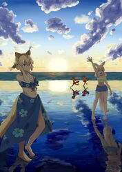  4girls :d alternate_costume animal_ears arm_at_side arm_up australian_devil_(kemono_friends) backlighting bare_arms bare_legs bare_shoulders barefoot beach bikini bikini_skirt bikini_under_clothes blonde_hair breasts brown_eyes brown_hair cleavage closed_mouth cloud commentary_request denim denim_shorts dingo_(kemono_friends) dog_ears dog_girl dog_tail full_body hair_between_eyes halterneck hand_up hane_(kirschbaum) high_ponytail highres horizon kangaroo_girl kemono_friends light_brown_hair looking_at_viewer morning multicolored_hair multiple_girls navel ocean open_clothes open_mouth open_shorts outdoors outstretched_arm outstretched_hand red_kangaroo_(kemono_friends) reflection ripples running shorts sky smile spread_fingers standing standing_on_one_leg stomach sun sunrise swimsuit tail tasmanian_devil_(kemono_friends) tasmanian_devil_ears tasmanian_devil_tail twintails unbuttoned water 