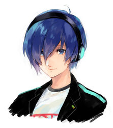  1boy bangs black_jacket blazer blue_eyes blue_hair collar gekkoukan_high_school_uniform hair_over_one_eye happy headphones jacket light_smile long_bangs lor_(roasyerizyonirapi) male_focus persona persona_3 persona_3:_dancing_moon_night school_uniform shirt simple_background smile solo_focus t-shirt white_background white_shirt yuuki_makoto 