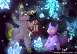  2017 cape cave cloak clothing crystal diamond_(disambiguation) duo eeveelution exploring eyewear generation_2_pokemon generation_3_pokemon glasses hi_res lamp light male nintendo pokemon pokemon_(species) sableye senz text umbreon url 