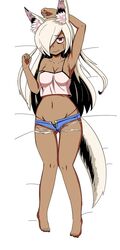  animal_ears arm_behind_head armpits barefoot blush breasts crop_top dark_skin drawfag fox_ears fox_tail full_body groin hair_over_one_eye knees_together_feet_apart long_hair looking_at_viewer lying medium_breasts midriff nav navel non-web_source on_back original platinum_blonde_hair red_eyes short_shorts shorts slit_pupils solo strap_slip sweatdrop tail tank_top wavy_mouth 