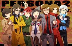  3girls 4boys amano_maya baofu black_hair brown_hair commentary_request kirishima_eriko multiple_boys multiple_girls nanjou_kei persona persona_2 persona_2_batsu red_hair serizawa_ulala suou_katsuya suou_tatsuya suou_tatsuya_(persona_2_batsu) u-ka_(pixiv5407) v 