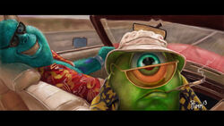  2boys andy_timm aqua_eyes blue_eyes boonie_hat car cigarette cigarette_holder colored_skin commentary cyclops driving fear_and_loathing_in_las_vegas green_skin grin hawaiian_shirt james_p._sullivan letterboxed looking_back mike_wazowski monster_boy monsters_inc. motor_vehicle multiple_boys one-eyed parody photoshop_(medium) shirt smile smoking sunglasses wide-eyed 