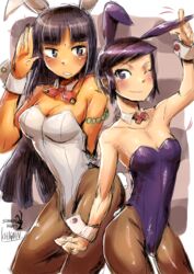  2girls animal_ears ascot black_eyes black_hair brooch commentary_request detached_collar highres ichigai_(hayawossan) jewelry long_hair lu_afrarn multiple_girls pantyhose playboy_bunny purple_eyes rabbit_ears rabbit_tail short_hair standing summon_night summon_night_2 tail toris wrist_cuffs 