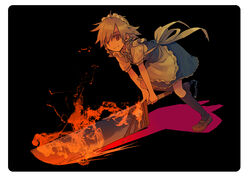  braid chains commentary_request female fire flaming_sword flaming_weapon grey_hair hair_ribbon izayoi_sakuya maid maid_headdress photoshop_(medium) ribbon short_hair solo sword takishima_asaka touhou weapon 