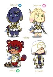  2017 alfonse_(fire_emblem) animal_crossing anna_(fire_emblem) anthro armor axe black_body black_fur blue_eyes canid canine canis clothing crossover dc9spot digital_media_(artwork) domestic_dog english_text female fire_emblem fire_emblem_heroes fur green_eyes group hi_res hoodie human lance_(disambiguation) male mammal melee_weapon nintendo procyonid raccoon red_body red_fur sharena simple_background summoner sword tan_body tan_fur text topwear villager_(animal_crossing) weapon white_background 