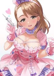  belt blush breasts brown_hair cleavage cleavage_cutout clothing_cutout collarbone cowboy_shot dot_nose dress earrings female frilled_dress frills gloves green_eyes hairband hands_up heart heart_earrings highres holding holding_syringe idolmaster idolmaster_cinderella_girls idolmaster_cinderella_girls_starlight_stage jewelry large_breasts layered_dress long_hair looking_at_viewer open_mouth pink_belt pink_dress pink_gloves pink_hairband shinonoko_(tubamecider) short_sleeves simple_background skirt smile solo striped_clothes striped_collar striped_gloves striped_skirt striped_sleeves syringe utility_belt white_background yanagi_kiyora 