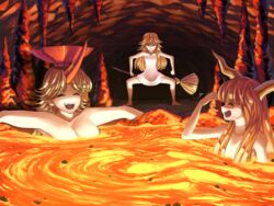  3girls bangs barefoot bathing beckoning blonde_hair breasts broom cave cleavage closed_eyes collarbone commentary_request holding holding_broom horn horns hoshiguma_yuugi ibuki_suika kirisame_marisa long_hair looking_at_another molten_rock multiple_girls naked_towel nude object_on_head oni open_mouth orange_hair partially_submerged smile standing sunyup touhou towel |d 