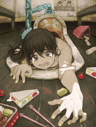  bento black_hair catcar0983 cherry_tomato chopsticks commentary_request dropped_food female food fruit_sandwich grey_eyes highres horror_(theme) indoors long_hair long_sleeves no_nose omelet original saliva scared shadow shirt solo squat_toilet tamagoyaki tears toilet tomato translation_request white_shirt wooden_floor yellow_nails 