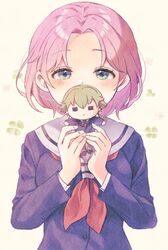  blush bob_cut character_doll clover_print covered_mouth doll dress_shirt female green_eyes habataki_academy_school_uniform hazuki_kei_(tokimemo_gs) highres holding holding_doll long_sleeves looking_at_viewer neckerchief oekk_3 parted_bangs pink_hair protagonist_(tokimemo_gs) red_neckerchief school_uniform serafuku shirt short_hair solo straight-on tokimeki_memorial tokimeki_memorial_girl&#039;s_side upper_body w_arms yellow_background 