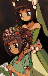  2girls amami_haruka bare_shoulders book brown_eyes commentary dress elbow_gloves flower gloves green_eyes hairdressing idolmaster idolmaster_(classic) idolmaster_1 multiple_girls photoshop_(medium) reading riyo_(lyomsnpmp) takatsuki_yayoi the_very_hungry_caterpillar the_very_hungry_caterpillar_(character) translated veil 