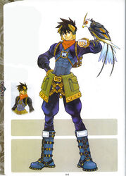  1boy animal_on_arm bird bird_on_arm blue_footwear boots grandia grandia_ii highres kanoe_youshi knee_boots male_focus official_art photoshop_(medium) ryudo_(grandia) scan skye_(grandia) 