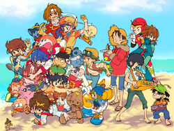  &gt;:( 2girls 6+boys :t animal apple arm_support armor arrow_(projectile) backwards_hat bag bald bandana barefoot beach bear belfy_and_lillibit belt black_hair black_scarf blowing_kiss blue_footwear blue_hair blue_hat blue_pants blue_skin blue_sky boots brown_footwear brown_hair brown_vest character_request cheek_press cherry_(urusei_yatsura) chibita chopsticks chuuka_ichiban! clenched_hand clenched_teeth clinging closed_eyes collared_shirt colored_skin creature crescent cross-laced_footwear cross_scar crossover dash_kappei day dougi dragon_ball dropping dual_wielding eating everyone falling_leaves feline fighting flip-flops folding_fan food fruit fujinami_ryuunosuke furrowed_brow giant_gorg ginga_tetsudou_no_yoru giovanni_(ginga_tetsudou_no_yoru) gloves goggles goggles_on_headwear green_hat hand_fan hand_up hat headband helmet highres holding holding_chopsticks hood hood_down hooded_jacket ikusabe_wataru itadakiman itadakiman_(character) jacket japanese_clothes jumping juushin_liger ken_taiga kirishima_kanna koenma kuririn ladle leaf lillibit liu_mao_xing lolicon luckyman lying martial_arts_belt mashin_eiyuuden_wataru mega_man_(series) mega_man_legends_(series) mega_man_volnutt mini_person miniboy mojakou mojara_(mojakou) monkey_d._luffy mouth_hold multicolored_hair multiple_boys multiple_crossover multiple_girls necktie ninja_pig_(sasuga_no_sarutobi) ninton oden on_head on_stomach one_eye_closed one_piece open_mouth orange_necktie osomatsu-kun osomatsu_(series) outdoors outstretched_arm pacifier pants papuwa papuwa_(character) pazu person_on_head pushing_away rakudai_ninja_rantarou reaching red_jacket red_scarf reverse_trap robot sakamoto_kappei sakura_taisen sandals sash sasuga_no_sarutobi satchel scar scarf settsuno_kirimaru shirt shoes shorts shoulder_bag sky sleeves_rolled_up sneakers spiked_hair stacking standing straw_hat stuck summer suspenders t-shirt tagami_yuu tanaka_mayumi tears teeth tenkuu_no_shiro_laputa tongue tongue_out torn_clothes torn_pants tottemo!_luckyman tsuitenai_yoichi twinbee twinbee_(character) two-tone_hair urusei_yatsura v-shaped_eyebrows vest voice_actor_connection w white_gloves white_shirt winter_clothes yellow_gloves yellow_hat yu_yu_hakusho 