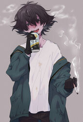  alcohol alternate_costume beer beer_can black_gloves blue_eyes blush breath brown_hair cigarette dark_brown_hair dark_hair dilf dirty dirty_clothing drooling drunk fully_clothed gloves looking_at_viewer male male_only messy_hair off_shoulder open_jacket open_mouth osasimiyabai smoke smoking solo sweat the_joxter the_moomins tongue_out 