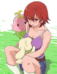  angry artist_request belt between_breasts blush boots breasts camisole cleavage denim denim_shorts digimon digimon_(creature) digimon_savers female fujieda_yoshino grass lalamon medium_breasts plotmon red_eyes red_hair short_hair shorts sitting 