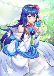  alternate_costume ameno_(a_meno0) bad_id bad_twitter_id bare_shoulders blue_bow blue_butterfly blue_eyes blue_flower blue_hair blue_ribbon blush bouquet bow bridal_veil bride bride_(fire_emblem) bug butterfly closed_mouth dress female fire_emblem fire_emblem_awakening fire_emblem_warriors flower grass hair_between_eyes hair_flower hair_ornament holding holding_bouquet holding_flower lips long_hair lucina_(fire_emblem) outdoors pink_butterfly pink_flower purple_flower purple_rose red_flower ribbon rose sitting solo strapless strapless_dress symbol-shaped_pupils tiara veil wedding_dress white_dress 