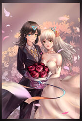  2girls absurdres azur_lane bad_id bad_pixiv_id blue_eyes bouquet bow bowtie bride dress earrings female_commander_(azur_lane) flower formal georgia_(azur_lane) hair_between_eyes hair_ornament heterochromia highres jewelry multiple_girls petals red_flower red_rose rose star_(symbol) star_earrings strapless strapless_dress suit tuxedo wedding wedding_dress white_dress white_hair wife_and_wife yellow_eyes yuri zhadanzhawugui 