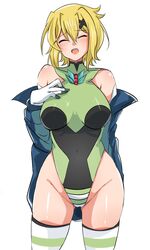  absurdres akatsuki_kirika blonde_hair breasts covered_navel female green_eyes green_leotard hair_ornament highleg highleg_leotard highres leotard lolomion medium_breasts senki_zesshou_symphogear shiny_skin short_hair simple_background solo standing striped_clothes striped_thighhighs thighhighs white_background x_hair_ornament 