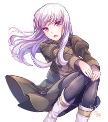  boots commentary_request female fire_emblem fire_emblem:_three_houses garreg_mach_monastery_uniform knee_boots long_hair long_sleeves lysithea_von_ordelia open_mouth pantyhose pink_eyes simple_background sitting solo tarayuki uniform white_background white_hair 