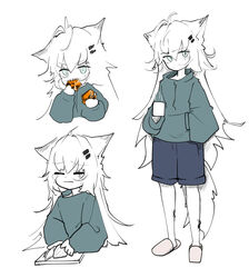  absurdres ahoge animal_ears arknights blue_eyes blue_shorts commentary_request crying cup cutting_board cutting_onions eating female green_sweater hair_ornament hairclip highres holding holding_cup holding_knife knife korean_commentary lappland_(arknights) long_hair material_growth mug multiple_views originium_(arknights) oripathy_lesion_(arknights) partially_colored runamonet scar scar_across_eye scar_on_face sharp_teeth shorts simple_background slippers sweater tail teeth very_long_hair white_background white_hair wolf_ears wolf_tail 