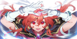  :d black_headband cape commentary_request female floating_hair gem gloves grey_cape hair_between_eyes headband highres lina_inverse long_hair looking_at_viewer open_mouth photoshop_(medium) portrait red_eyes red_hair red_shirt shirt short_sleeves slayers smile solo v-shaped_eyebrows very_long_hair white_background white_gloves yufy 