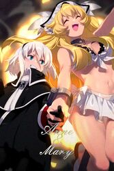  2girls anne_bonny_(fate) anne_bonny_(swimsuit_archer)_(fate) anne_bonny_(swimsuit_archer)_(second_ascension)_(fate) bare_shoulders bikini black_coat blonde_hair blue_eyes blue_shorts blush breasts cleavage closed_eyes coat collar collarbone cuffs echo_(circa) fate/grand_order fate_(series) grin hairband hat holding_hands large_breasts long_hair long_sleeves mary_read_(fate) metal_collar miniskirt multiple_girls navel open_mouth pirate_hat scar scar_on_face shorts skirt small_breasts smile swimsuit thighs two_side_up white_bikini white_hair white_headwear white_skirt 